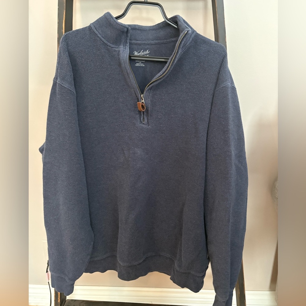 Woolrich Navy Waffle Knit Quarter Zip Pullover Size Large Cotton Sweater